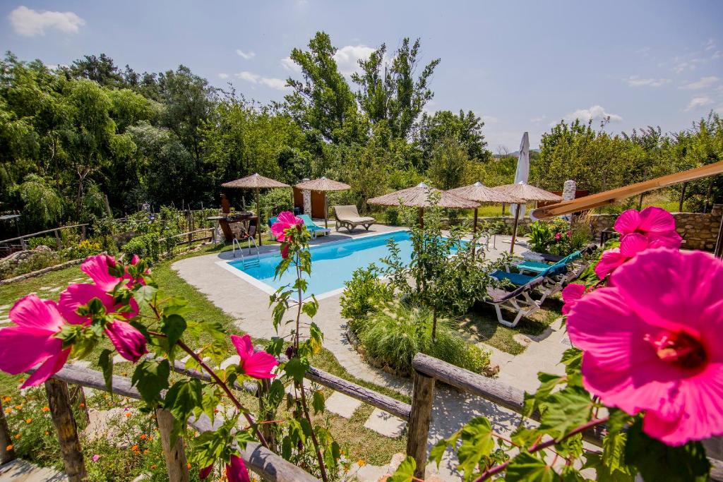 een tuin met een zwembad en roze bloemen bij Attalos Mythical Nest - Private Pool Escapade in Tsáyezi