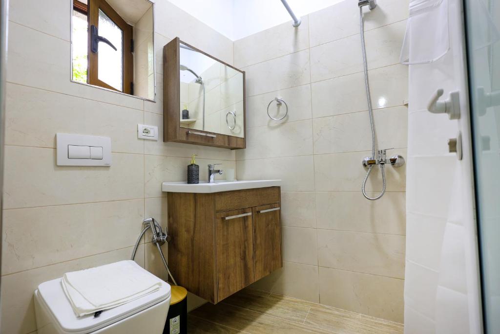 un bagno con un water, un lavandino e uno specchio di Hotel Vila Vreko B&B a Berat