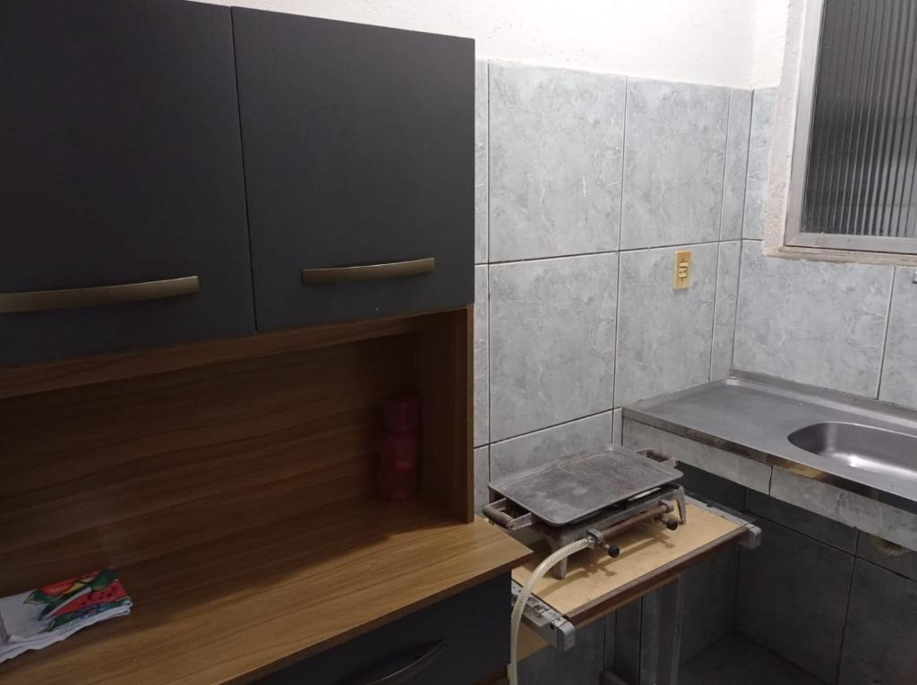 uma pequena cozinha com um lavatório e um balcão em Residencial Barbosa - Apto 102 em Macaé
