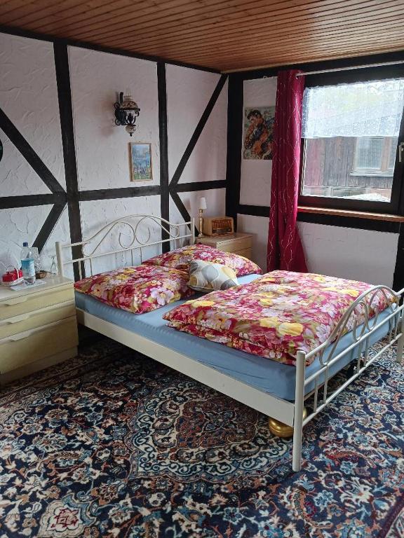 a bedroom with a large bed in a room at Ferien im Odenwald Nostalgie pur in Schönbrunn