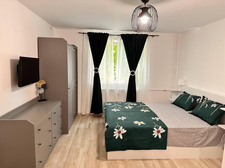 een slaapkamer met een bed en een raam bij Luna Apartament in Timişoara