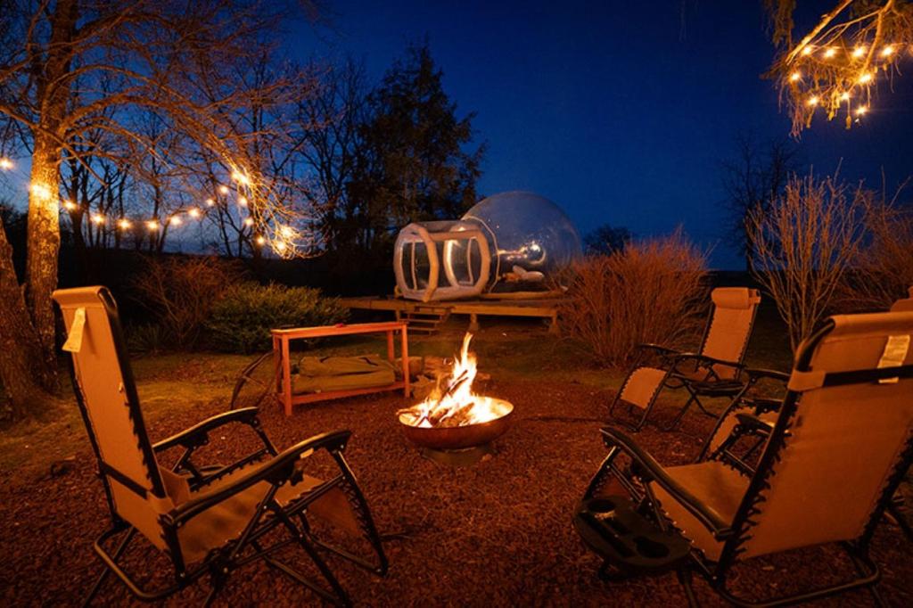 a fire pit in a yard with chairs and a tent at Unique Stay! Ricketts Chic Farmhouse Retreat with Stargazing Bubble Tent 