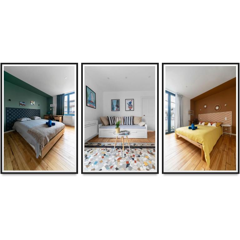 Quatre photos d'une chambre avec un lit et un canapé dans l'établissement Le Petillat - Appartement design en centre ville, à Vichy