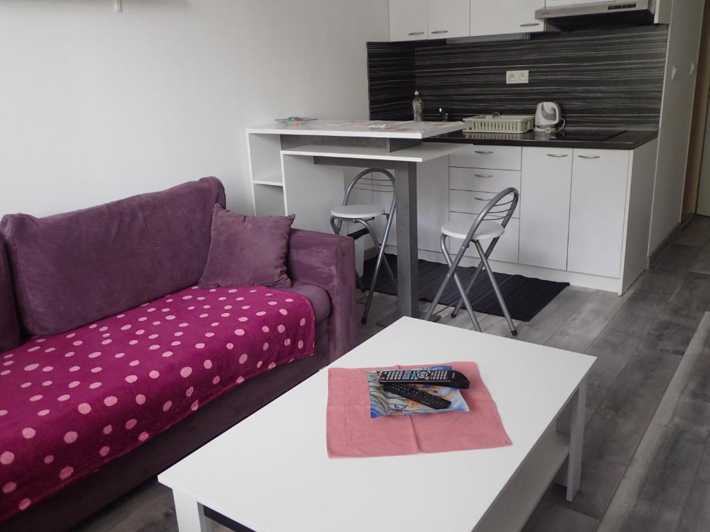ein Wohnzimmer mit einem Sofa und einem Tisch in der Unterkunft Cozy apartment in Bratislava