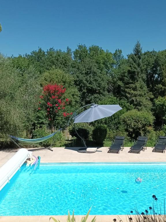 a swimming pool with a hammock and an umbrella at Gîtes et chambres croix du sud in Saint-Amand-de-Vergt