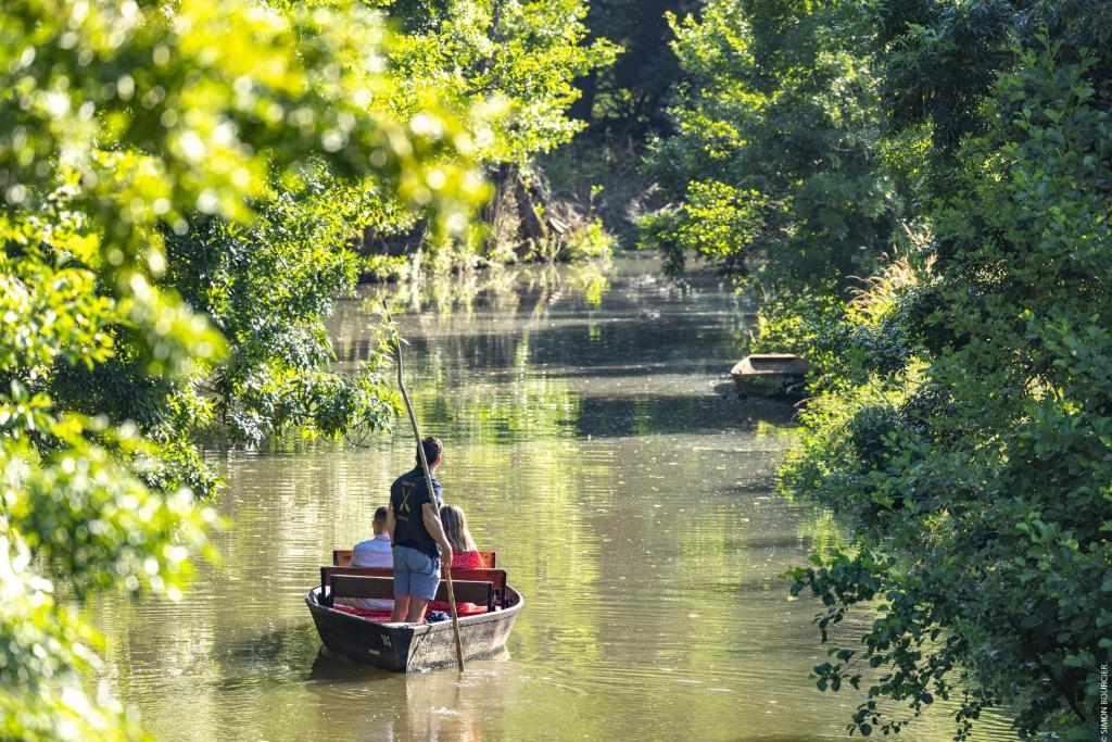 un homme debout dans un bateau sur une rivière dans l'établissement Camping Le Marais Sauvage, à Le Mazeau