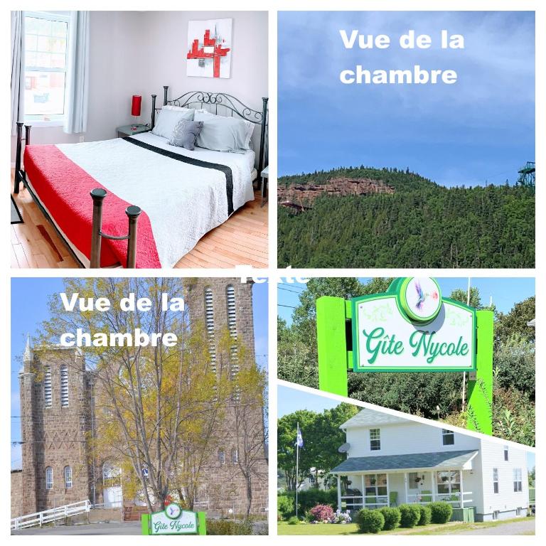 a collage of four pictures of a hotel room at Gîte Nycole in Perce