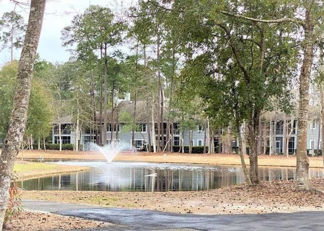 a pond with a fountain in front of a building at Teal Lake 212 in North Myrtle Beach