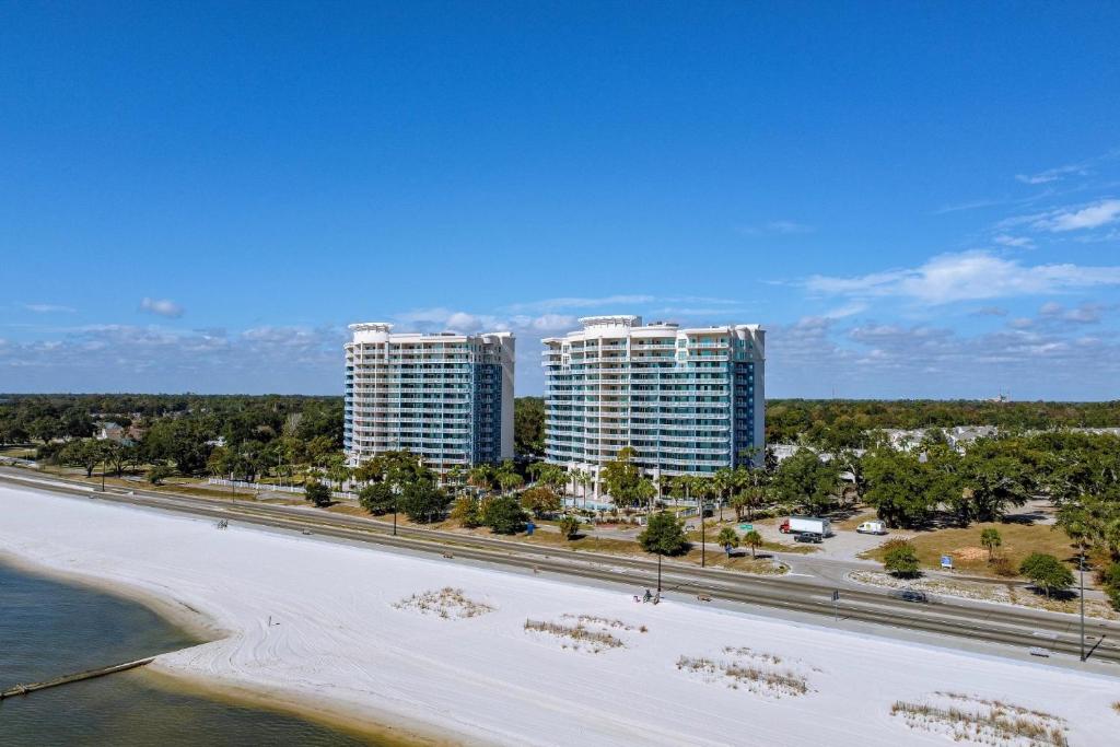 an aerial view of the beach and buildings at Charming Condo on the Beach/Legacy T2-1102 in Gulfport