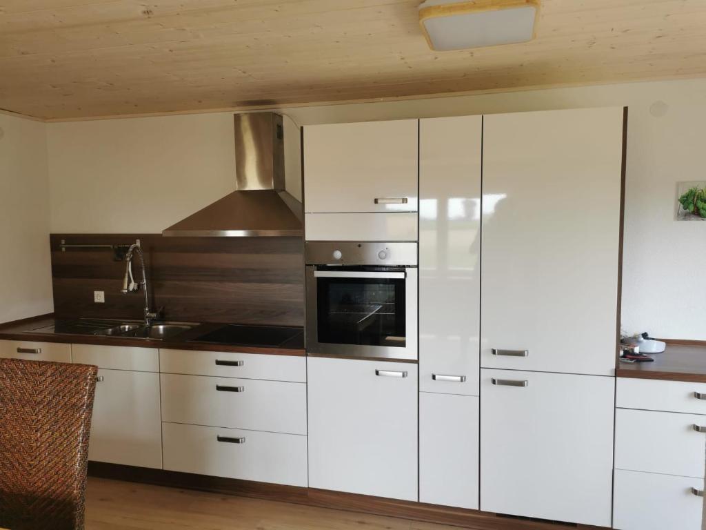 a kitchen with white cabinets and a sink at Wohnung auf dem Pferdehof in Mahlberg