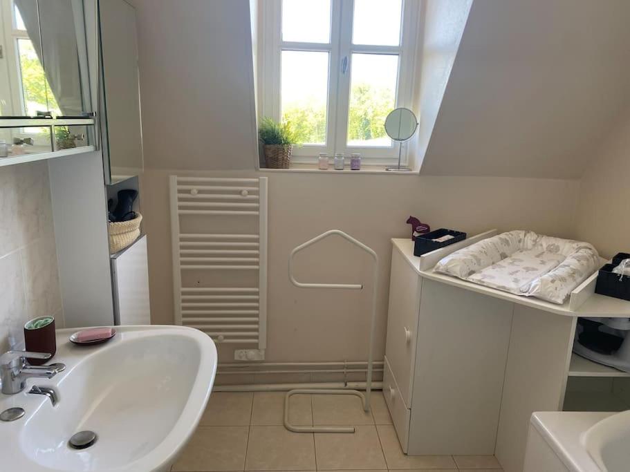 Baño blanco con lavabo y espejo en La Teyssière, en Bar-sur-Seine