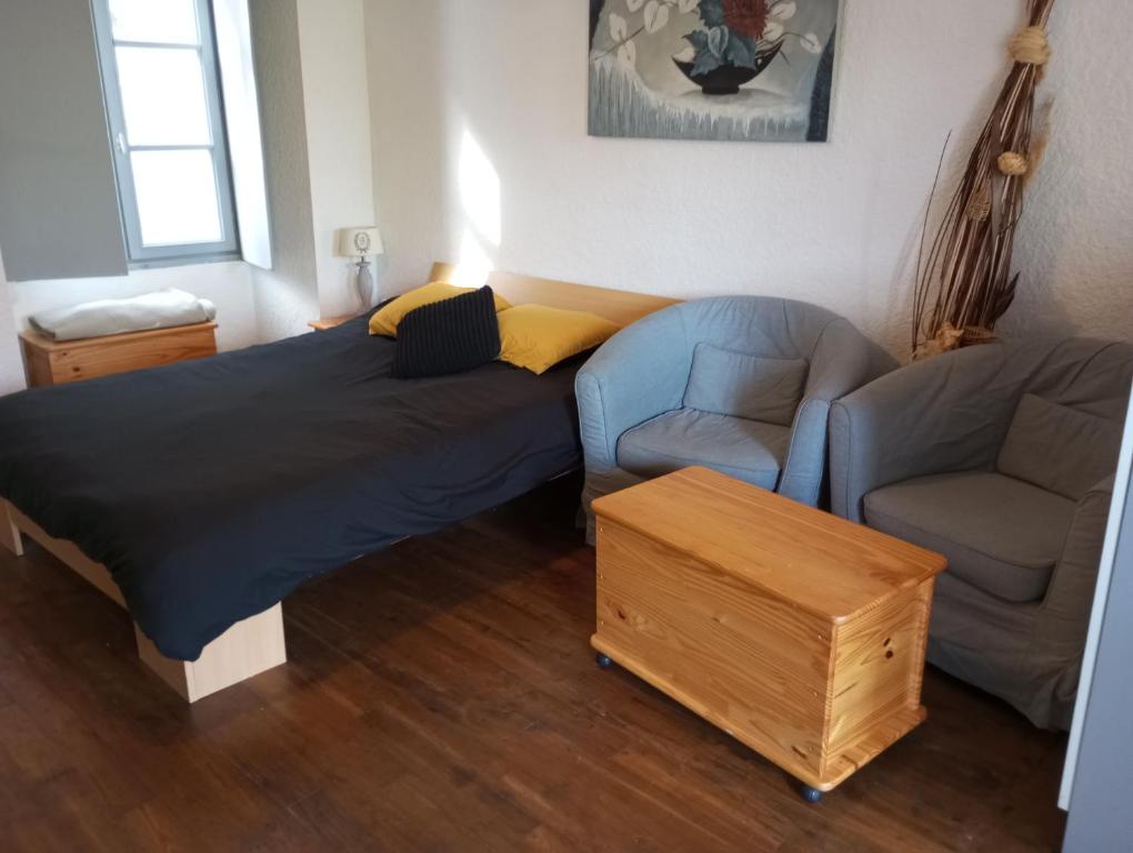 1 dormitorio con 1 cama, 1 sofá y 1 silla en STUDIO RDC au pied du château et balcon sur la vilaine, en Vitré