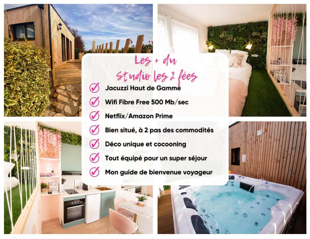 Studio les 2 fées - Brocéliande - Jacuzzi couvert في Montfort-sur-Meu: مجموعة من الصور لغرفة سبا مع حوض استحمام ساخن