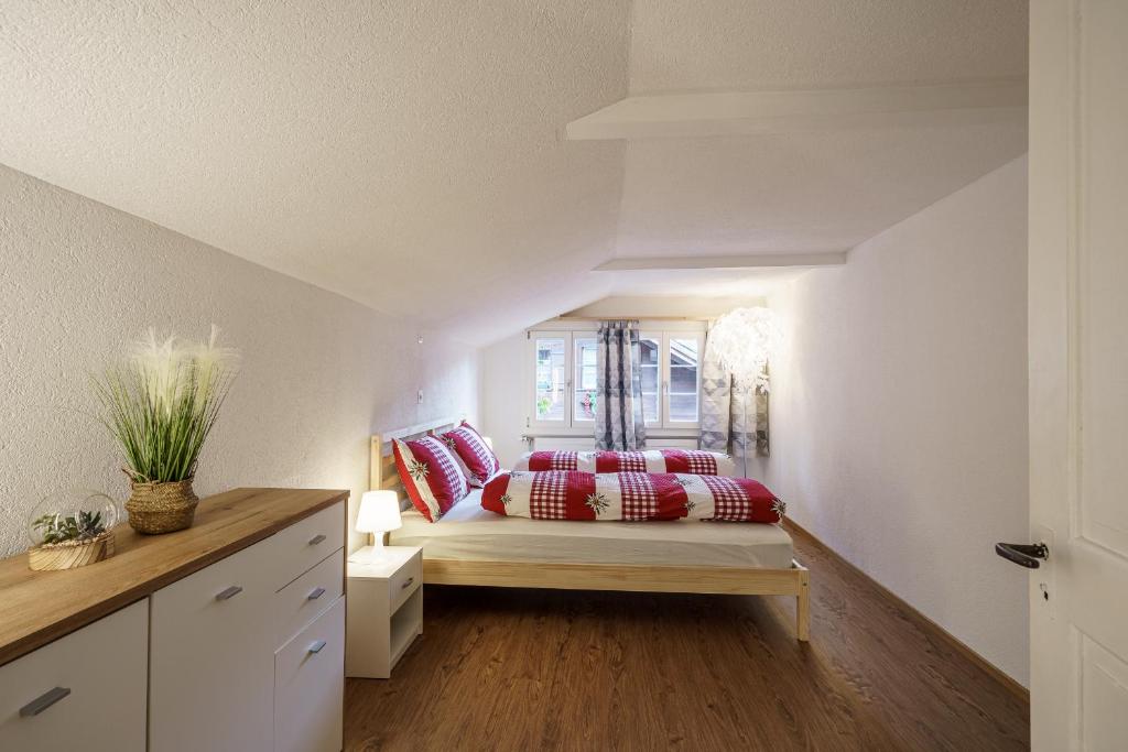 a bedroom with a bed with red pillows at Apartment am schönen Brienzersee in Brienz