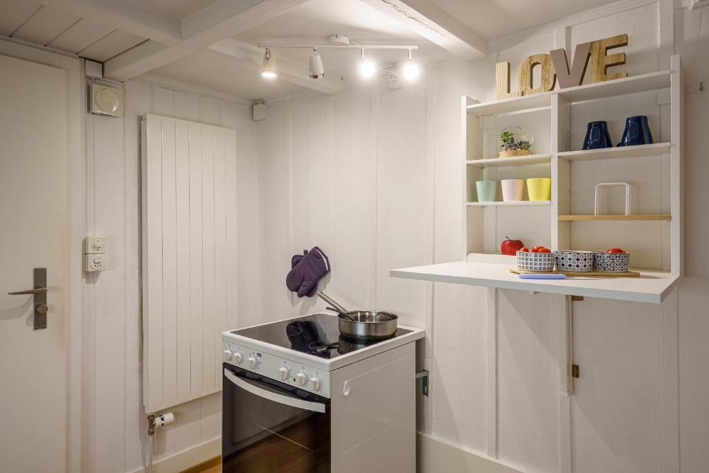 a kitchen with a stove and a counter with a shelf at Apartment am schönen Brienzersee in Brienz