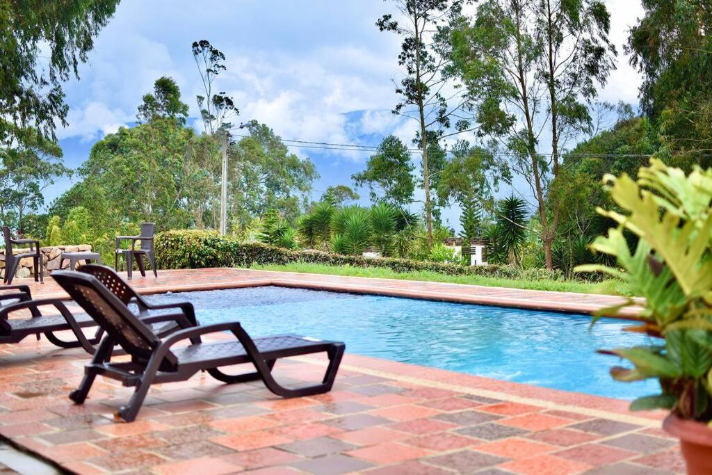 una piscina con 2 sillas de jardín junto a ella en Cabaña en la Mesa de los Santos, en Piedecuesta