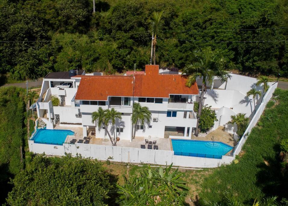 an aerial view of a house with a swimming pool at Casa Jobo - Mountain & Sea Panoramic view- 3Bedrooms in San Felipe de Puerto Plata