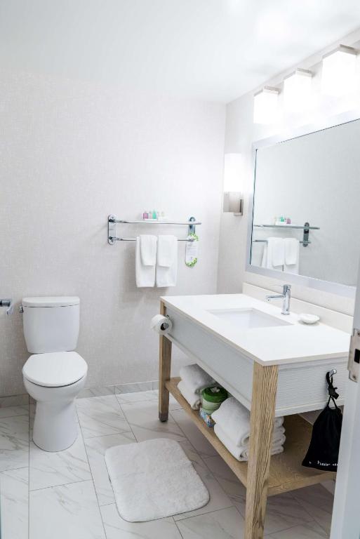 a bathroom with a sink and a toilet and a mirror at Coast Hotel & Convention Centre in Langley