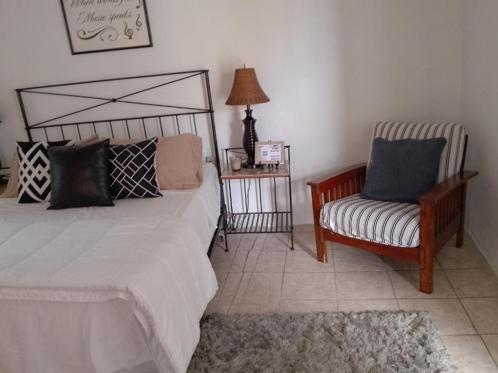 ein Schlafzimmer mit einem Bett und einem Stuhl in der Unterkunft Descansa y viaja bleseed house in Monte Adentro
