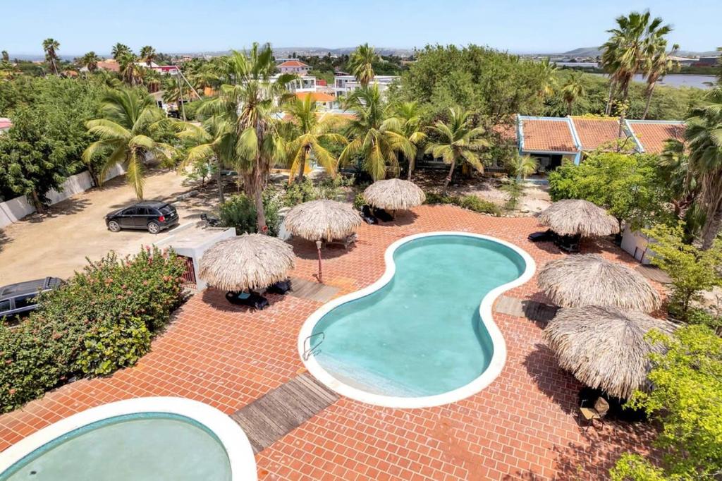 - une vue sur la piscine dotée de parasols en paille dans l'établissement Kas Kontentu in Caribbean Court, à Kralendijk