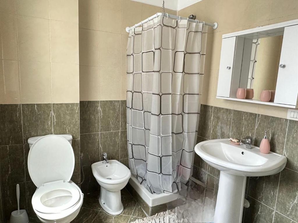 La salle de bains est pourvue de toilettes et d'un lavabo. dans l'établissement Tirana Central Home, à Tirana