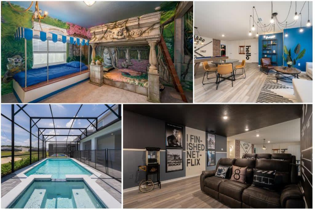 a collage of pictures of a house with a swimming pool at Luxurious New 9BR Villa w Game Room Theater Pool in Davenport