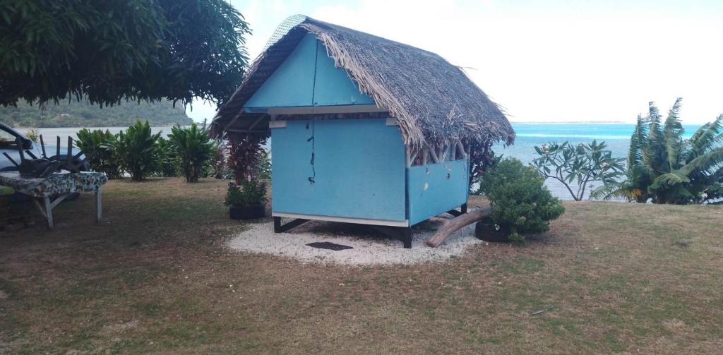 une maison bleue avec un toit en gazon dans l'établissement Taria camping, à Te-Fare-Arii