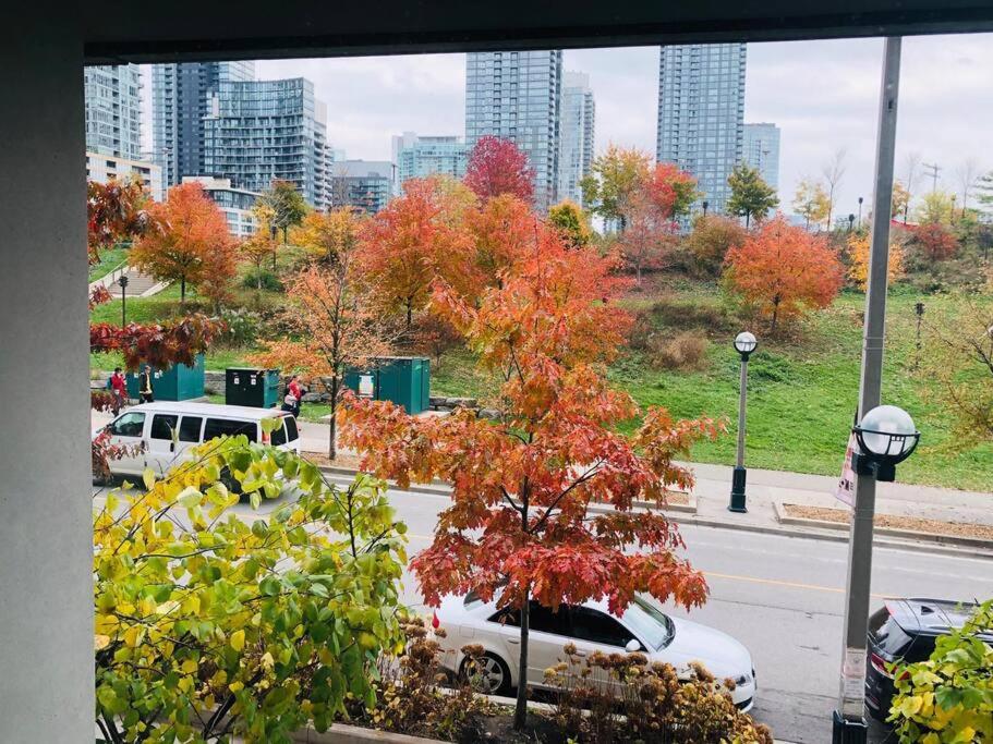 een uitzicht op een stad met auto's geparkeerd op een straat bij Luxe 2 Bed Suite Downtown Toronto Near Waterfront in Toronto