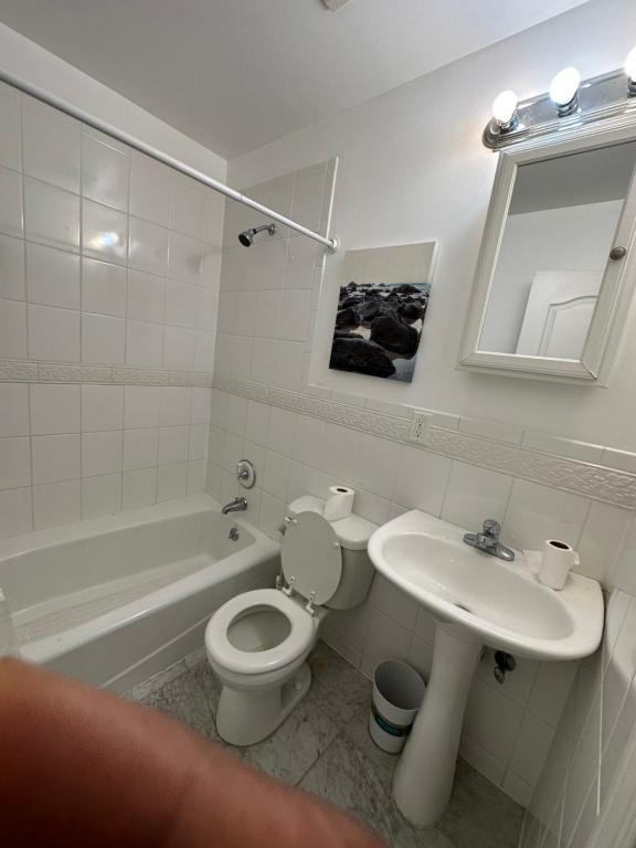 La salle de bains blanche est pourvue de toilettes et d'un lavabo. dans l'établissement Harlem House, à New York