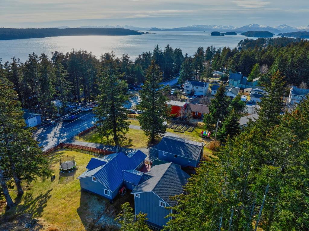 an aerial view of a small town with blue houses at Nautical Nook 2 Bedroom Getaway with Ocean Views in Kodiak