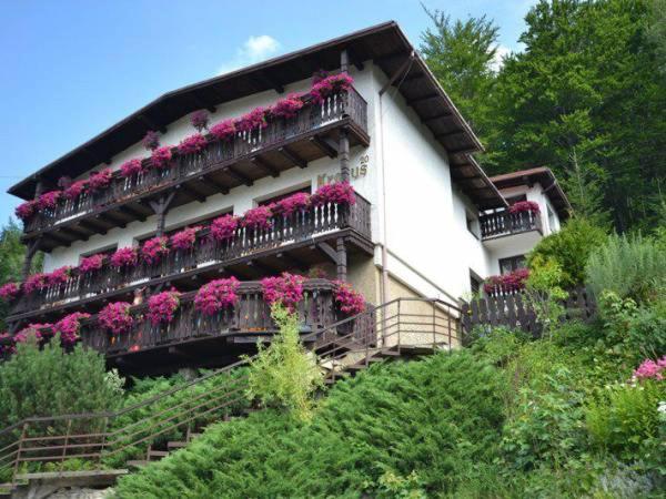 什切爾克的住宿－Pensjonat Krokus，一座拥有粉红色花卉的建筑,上面设有阳台