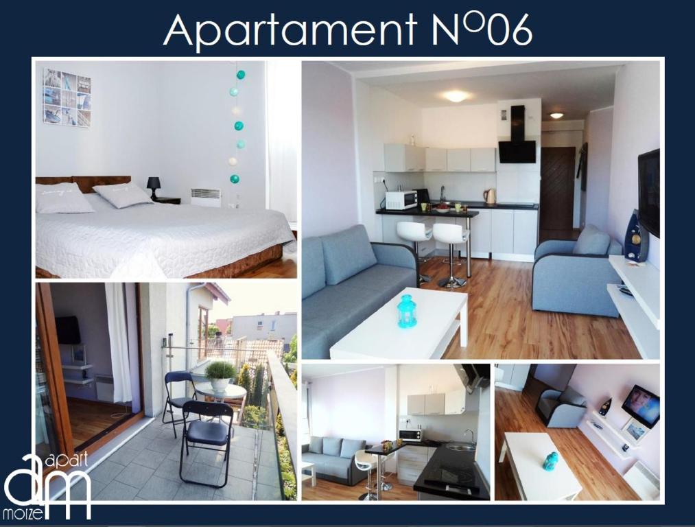 a collage of photos of a bedroom and a living room at ApartMorze Apartamenty na Leśnej in Jastarnia