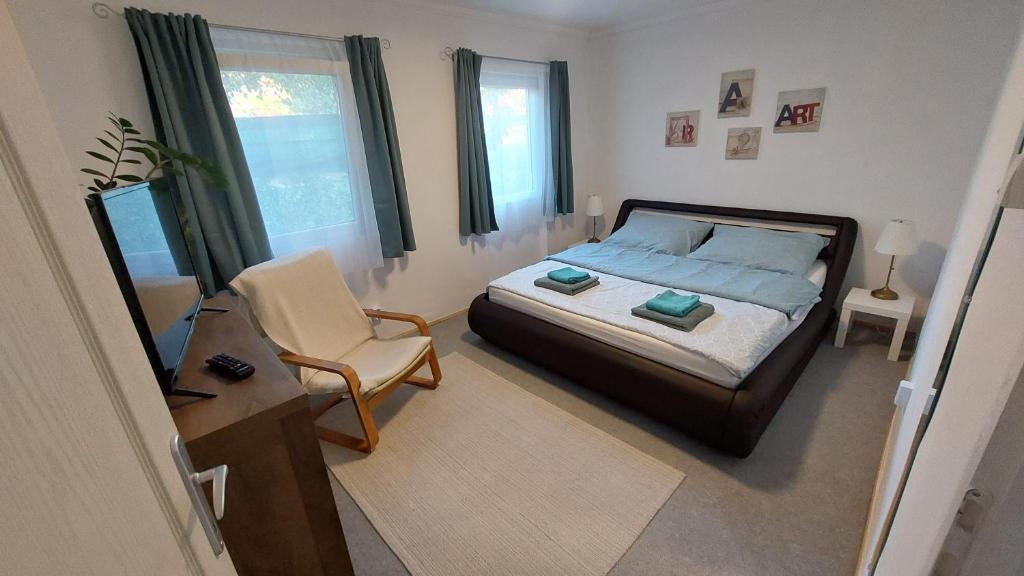um quarto com uma cama, uma cadeira e uma secretária em Oázis Apartman, Gárdony, Velencei-tó em Gárdony