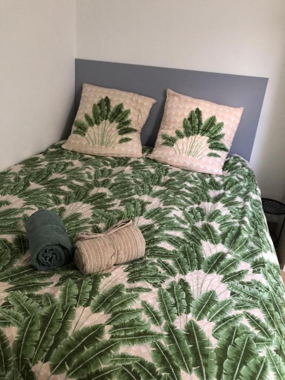 uma cama com um cobertor e almofadas verde e rosa em La petite pétillante em Reims