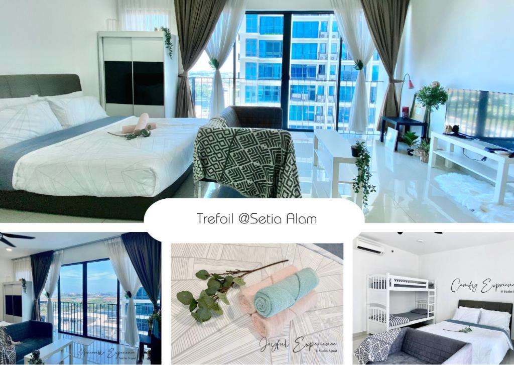 un collage di foto di una camera d'albergo di 6Pax Suites Setia City Convention Trefoil Shah Alam SiS Homestay a Shah Alam
