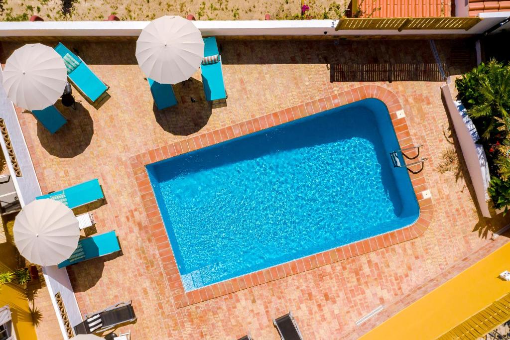 an overhead view of a swimming pool with chairs and umbrellas at Quinta Almargem Lusitano - Farm House in Tavira