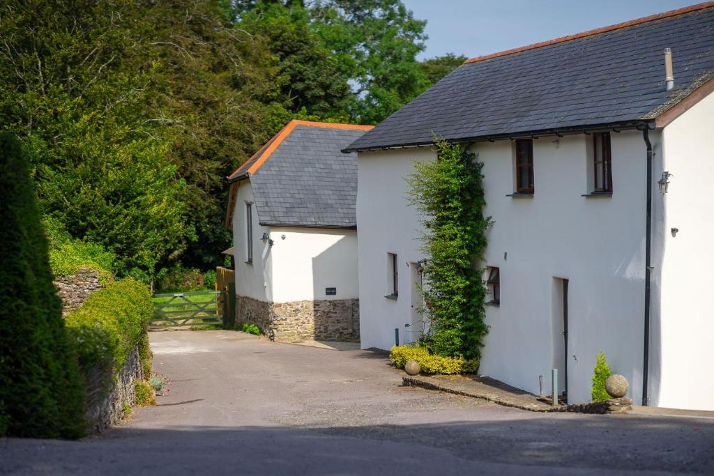 Una casa blanca con hiedra a un lado. en Upper Tallet at Accott Manor, en West Buckland