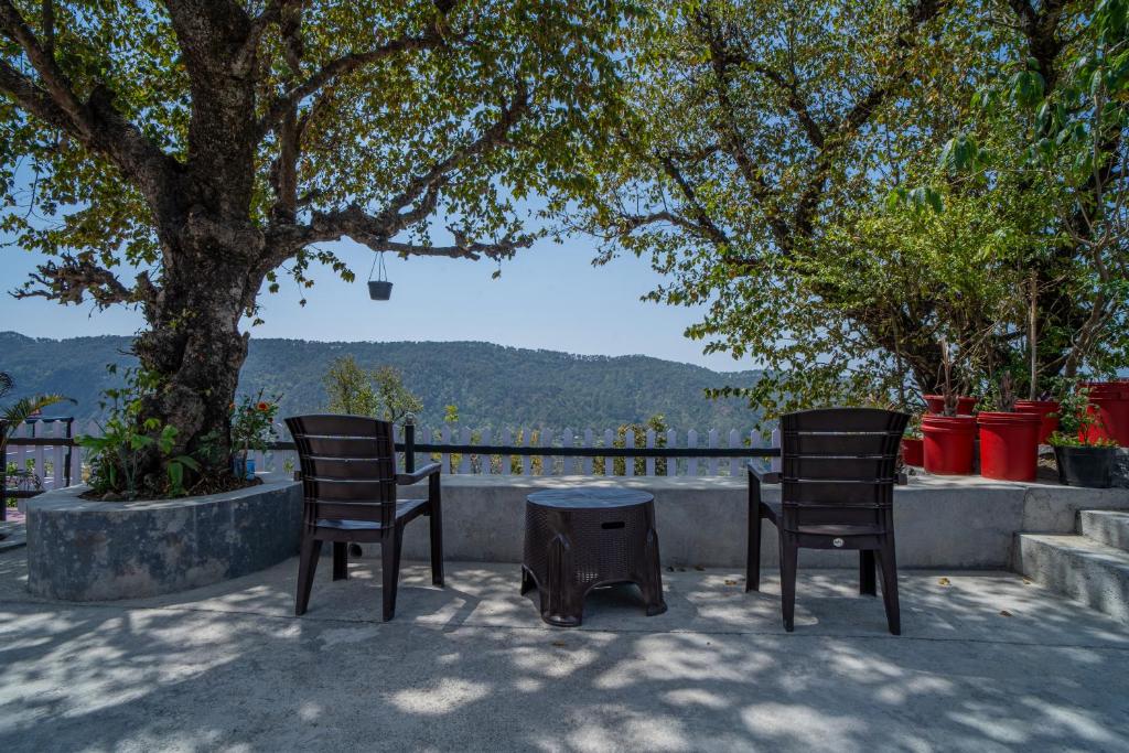 2 Stühle und ein Tisch vor einem Baum in der Unterkunft Jaavi Homestay Nainital in Nainital