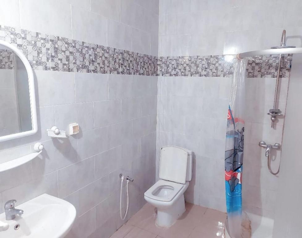 Łazienka z białą toaletą i umywalką w obiekcie Blue hostellerie w mieście Le Bardo