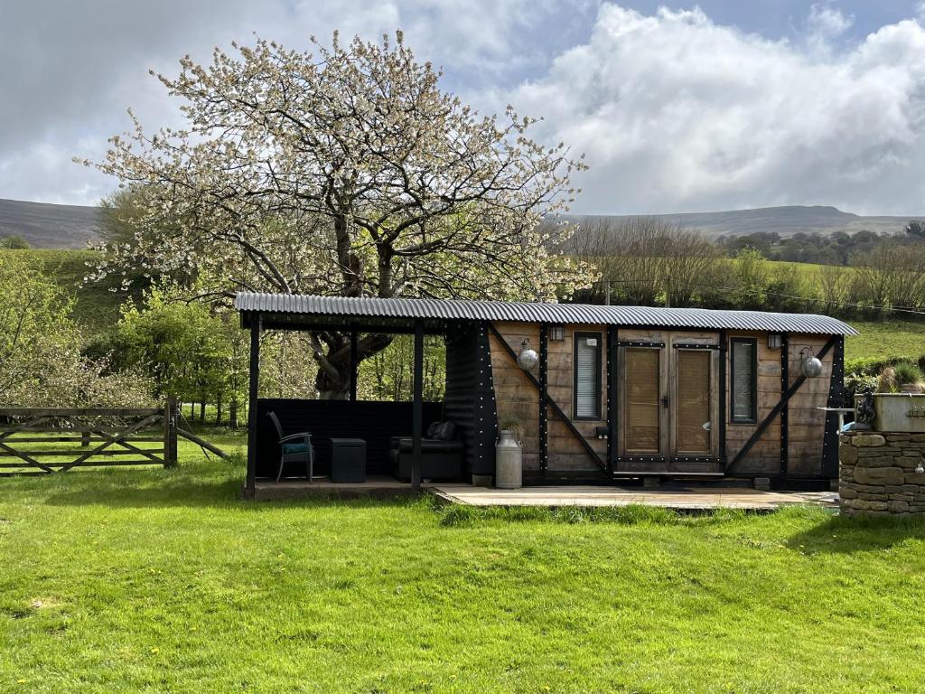 a small cabin in a field with a tree at 1 Bed converted Railway Wagon near Crickhowell in Crickhowell