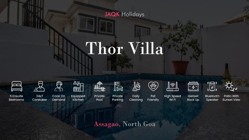 Una señal que dice Thor Villa al lado de una casa en Thor Villa, 5BHK-Private Pool-Cook-Caretaker, en Assagao