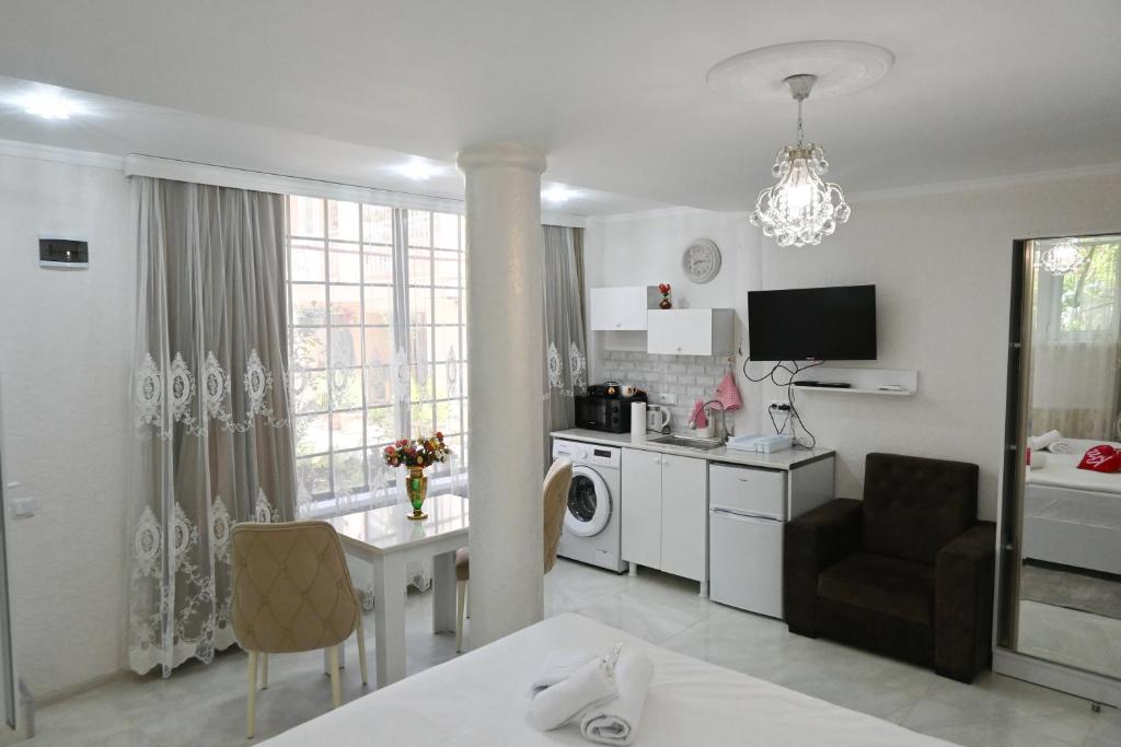 Il dispose d'une cuisine et d'un salon avec un canapé et une table. dans l'établissement JERUSALEM merkaz Hotel Kutaisi, à Koutaïssi