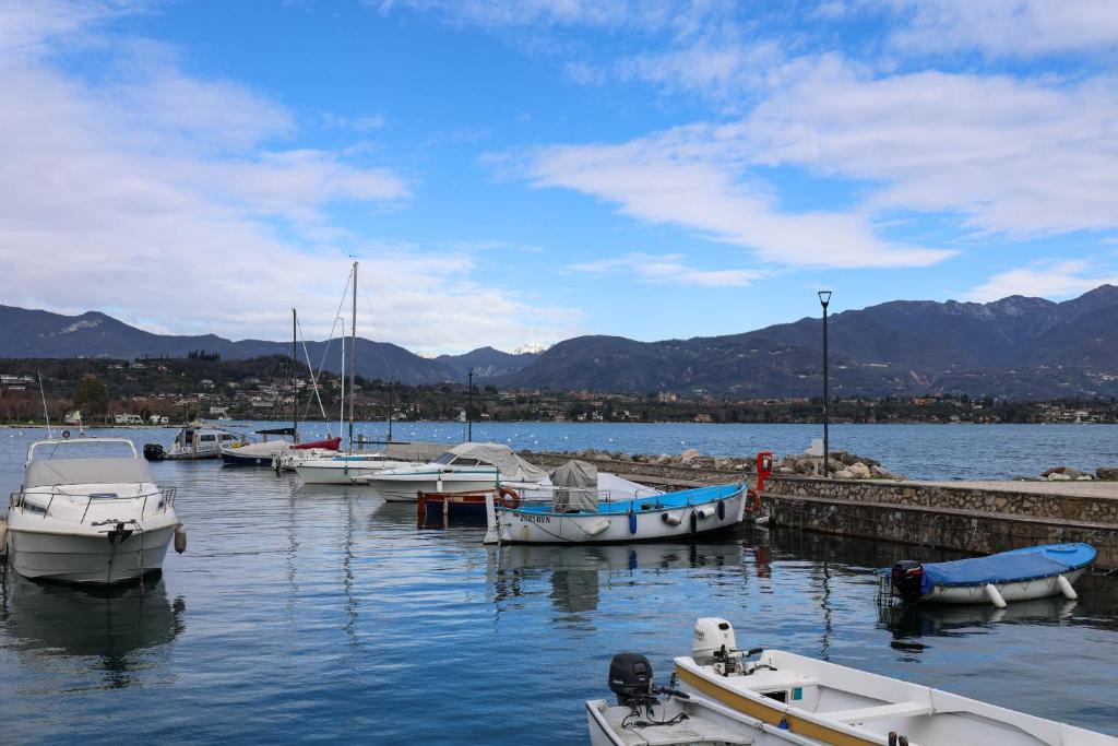 Eine Gruppe von Booten liegt in einem Hafen vor Anker. in der Unterkunft Casa di Lulù (lago e Spiaggia) in Manerba del Garda