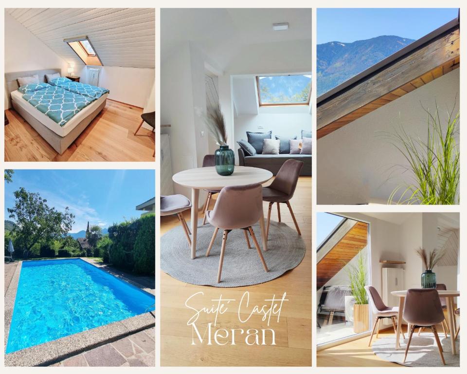 un collage de fotos con una villa y una piscina en Suite Castel MeranO - panorama terrace and pool en Merano