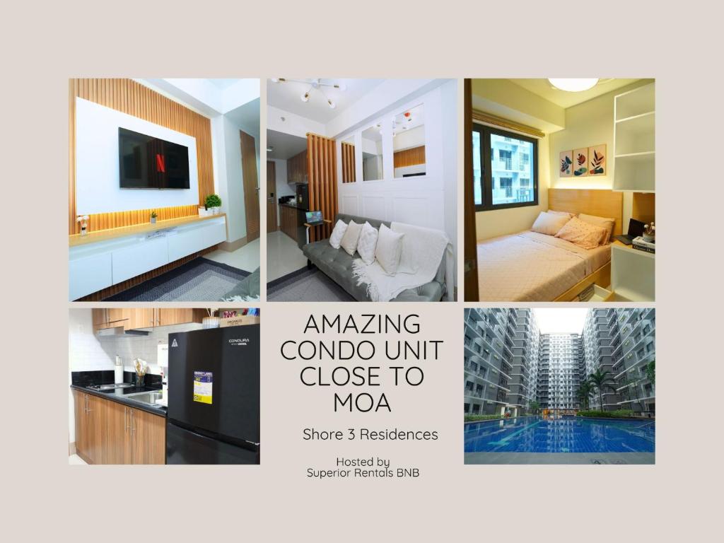 uma colagem de fotografias de um quarto de hotel em Amazing Condo Unit close to MOA em Manila