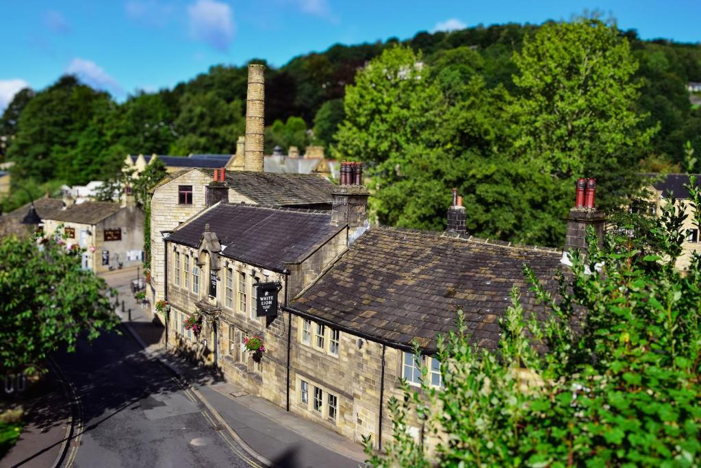 an overhead view of an old stone building at White Lion in Hebden Bridge