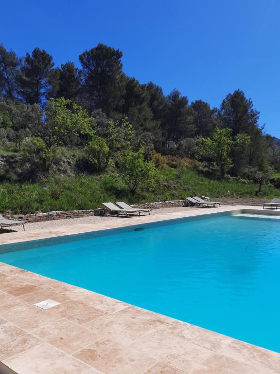 une grande piscine bleue avec des chaises et des arbres dans l'établissement Studios indépendants dans grand Domaine en pleine nature, à Simiane-Collongue
