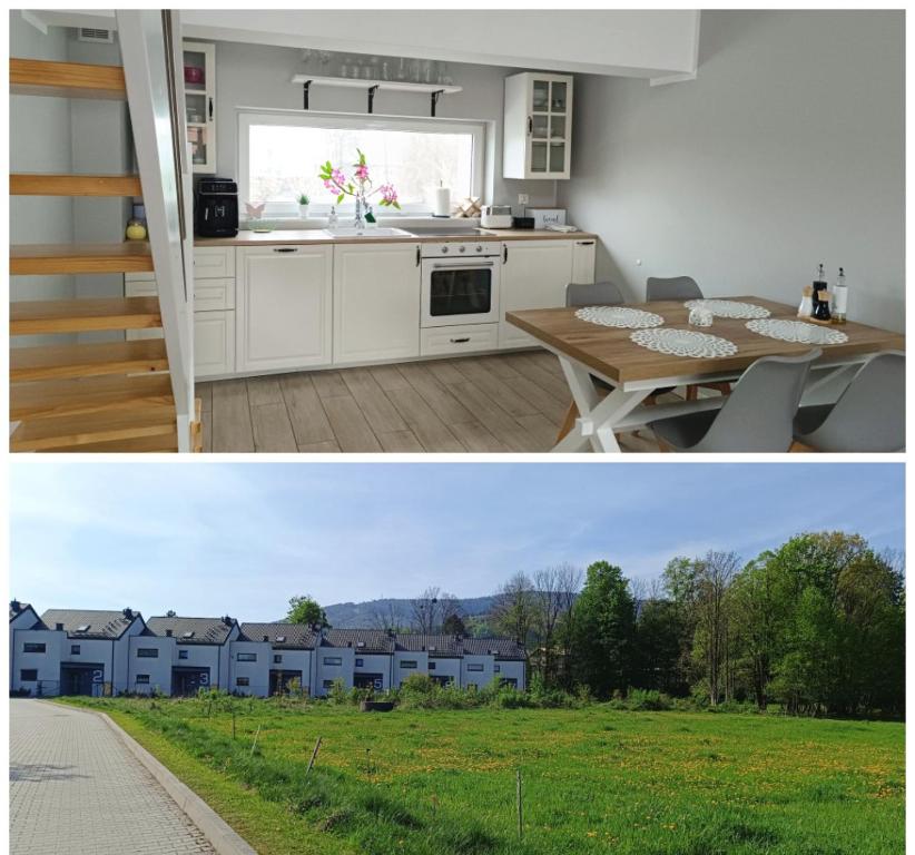 two pictures of a kitchen and a house at Apartament Górska Fantazja in Ustroń