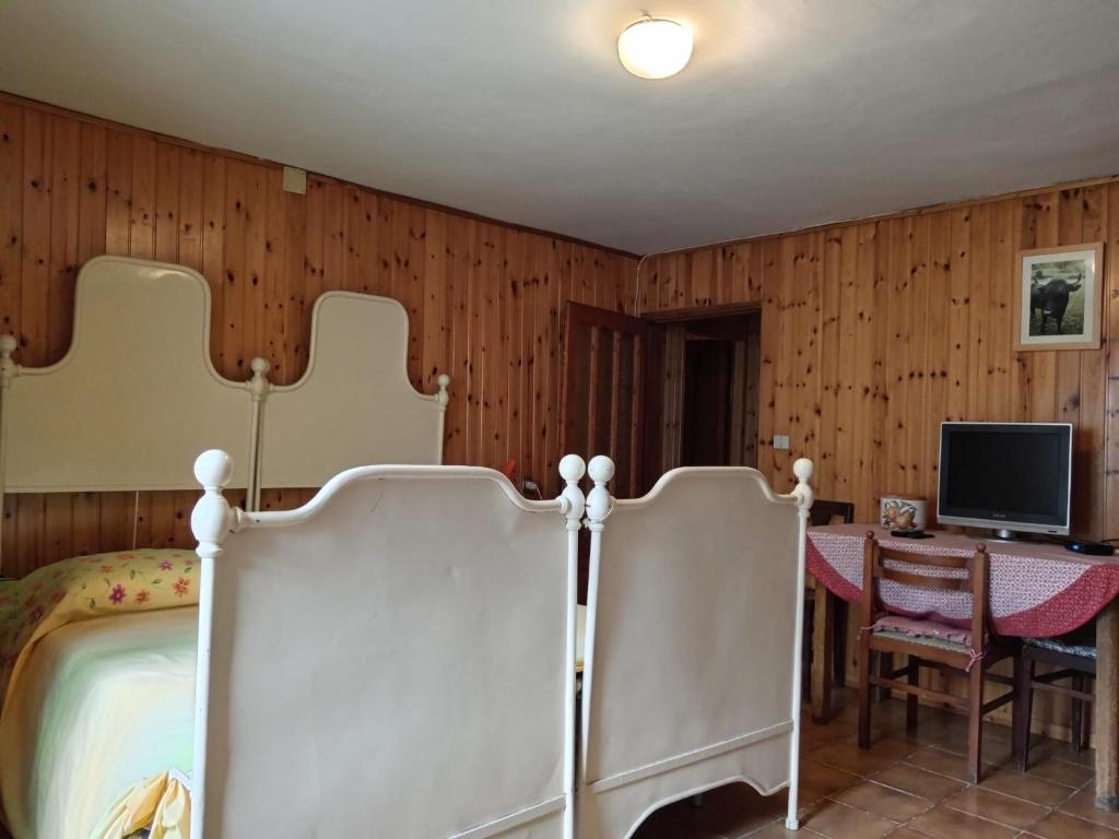 um quarto com uma cama, uma secretária e uma televisão em PM 10 Via Don Aldo Osquez Guest House em Antey-Saint-André