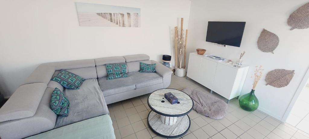 un salon avec un canapé et une télévision dans l'établissement Le Rayon de Soleil, à Mimizan